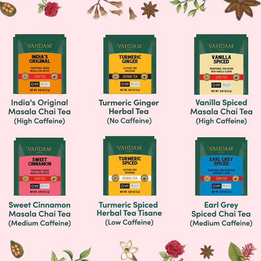 VAHDAM, Assorted Chai Tea Variety Pack (6 Delicious Flavors, 36 Eco Friendly Pyramid Tea Bags) Caffeinated, Gluten Free, Non GMO | Indian Masala Chai Tea Blends | Tea Gift Set for Men and Women