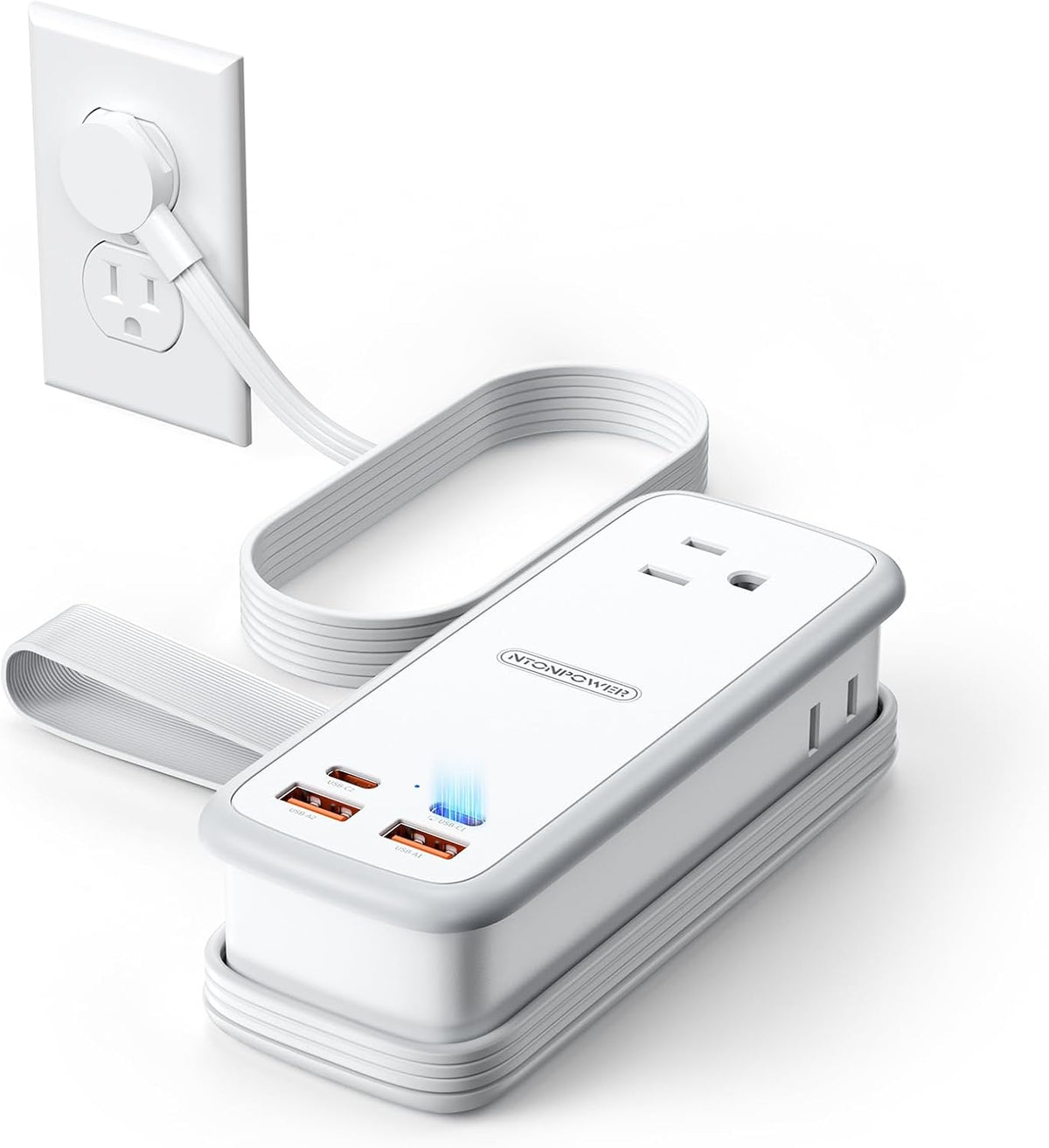 NTONPOWER GAN Ultra 65W USB Charging Station, 7 in 1 Travel Power Strip with 3 Outlets 4 USB (2 USB C), Extension Cord 4ft, Travel Essentials, Cruise Power Strip Compatible with MacBook, iPhone, White