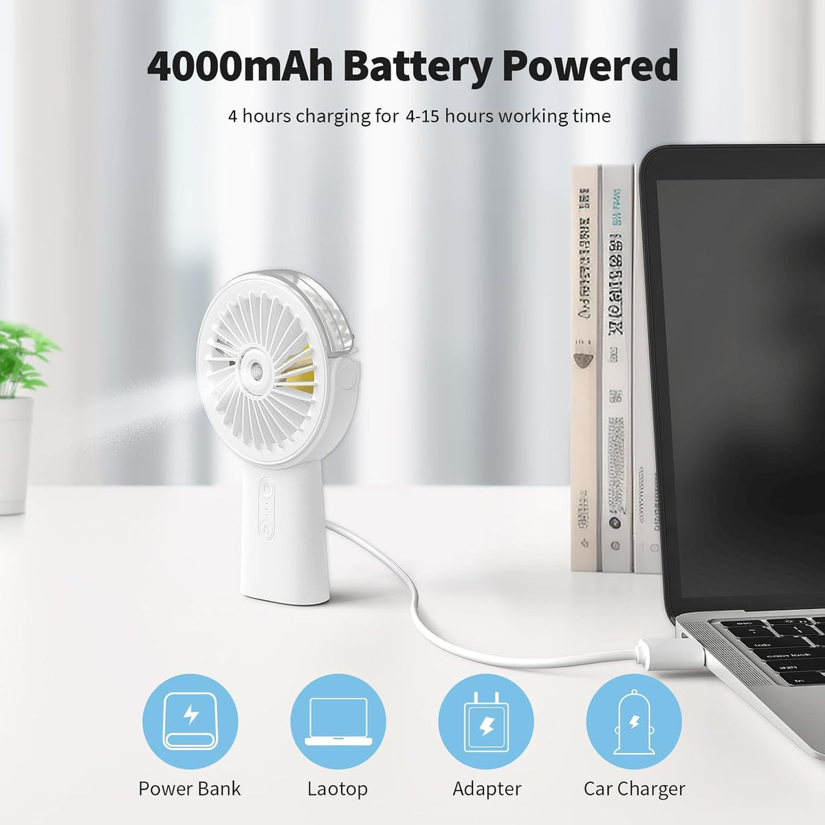 Otlonpe Handheld Misting Fan Portable, Small Personal Hand Held Rechargeable Mist Fan Water Spray, 4000mAh Battery Operated Hand Mister Fans 3-Speed, 4-15 Hrs Runtime for Travel Home Office Outdoor