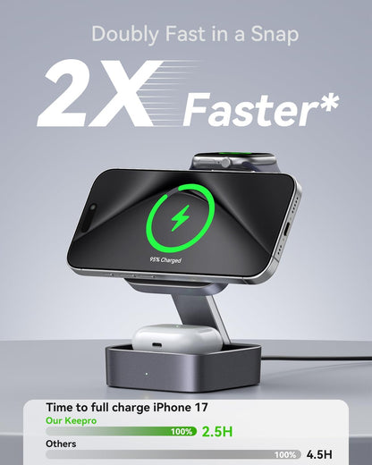 3 in 1 Wireless Charging Station for Apple Devices, Magnetic Foldable Travel Fast Charger Stand Compatible with MagSafe for iPhone 18/Air/17/16/15/14/13/12 Series, Apple Watch & AirPods Pro/4/3/2