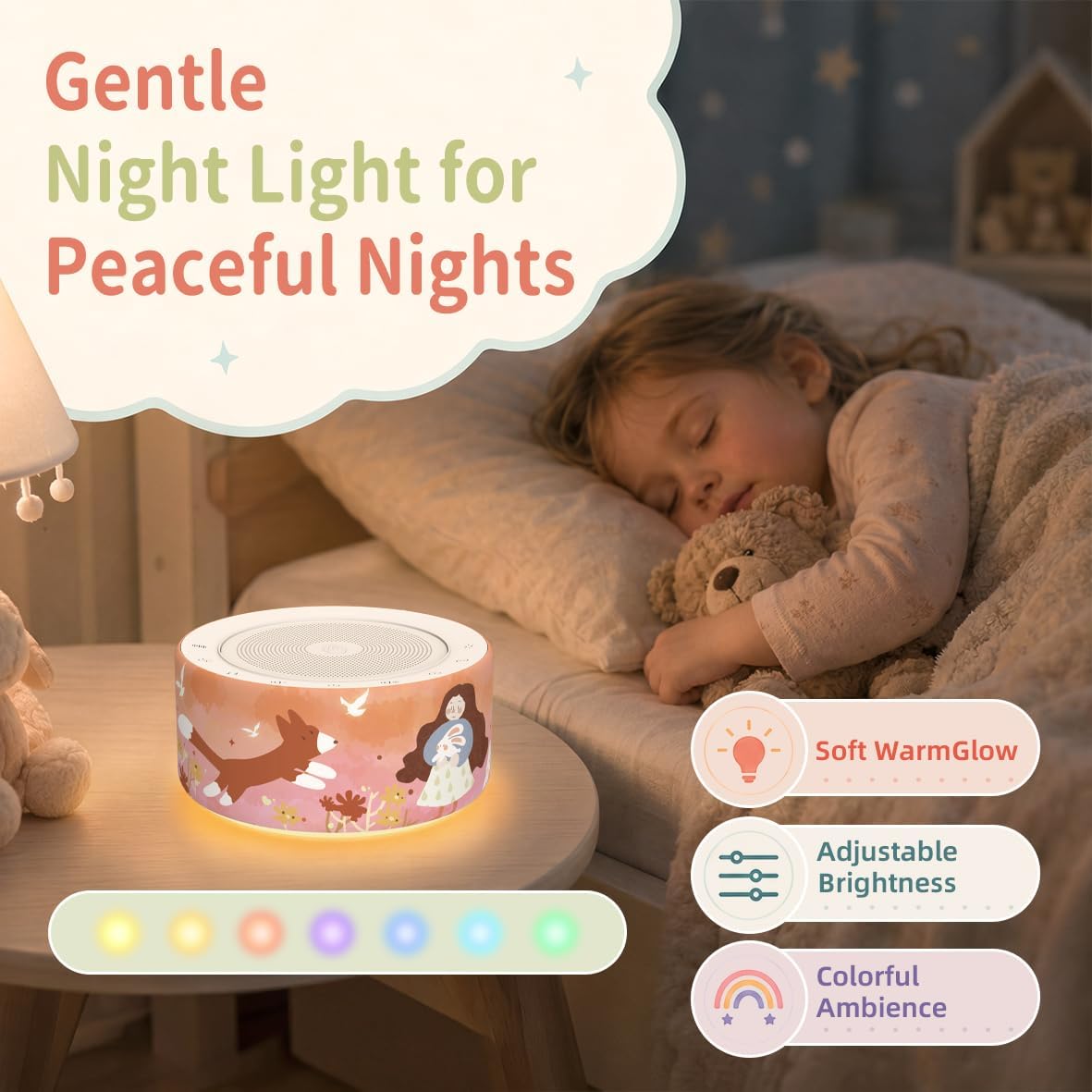 Kipcush White Noise Machine for Baby & Adults, 30 Soothing Sounds, Soft Non-Glare Nursery Lamp, 8 Color Night Lights, Memory Function (Angel V1 White, Standard)