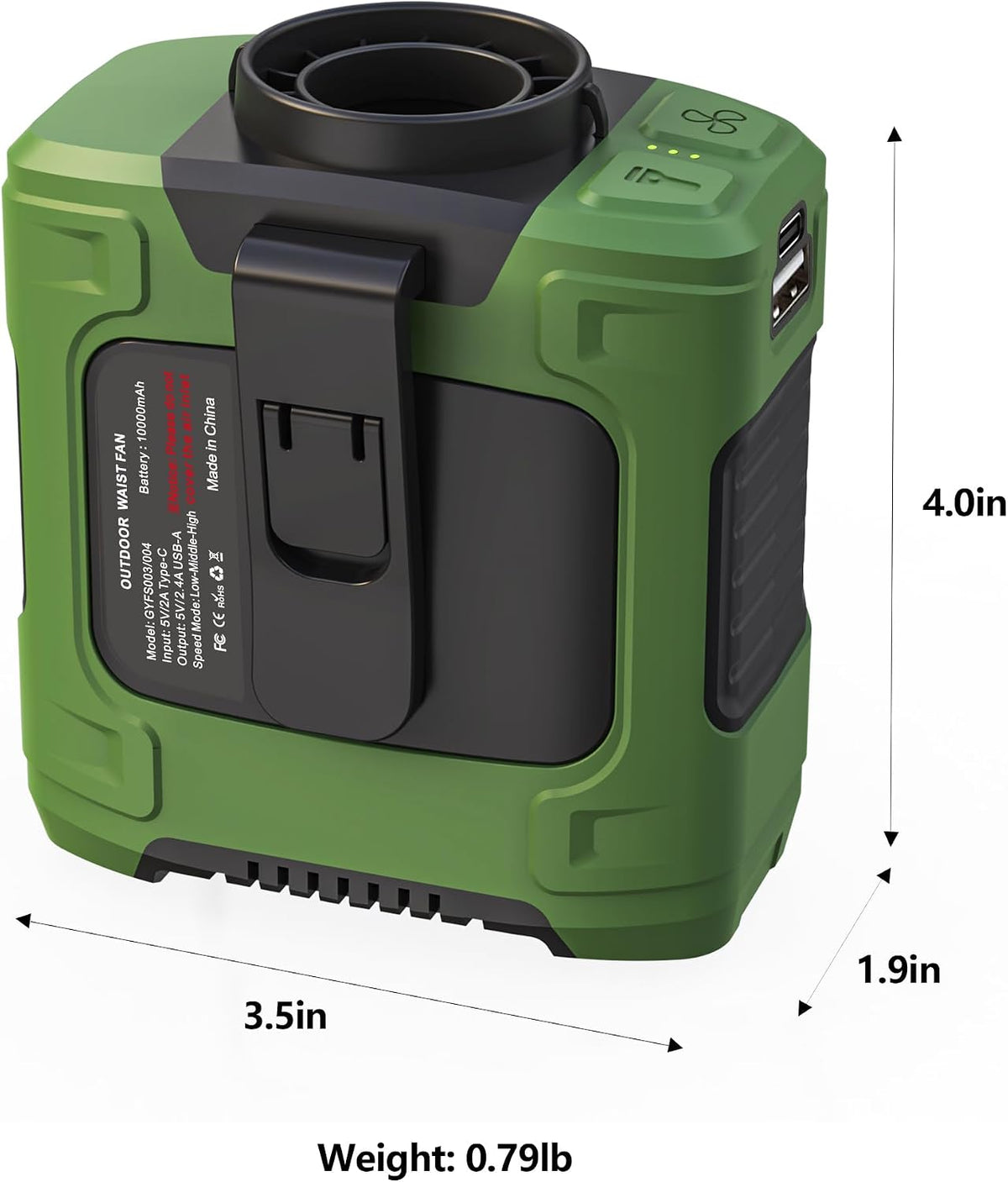 Waist Fan - Portable Cooling Clip Belt Fan with 10000mAh Battery, 24H Working Time, 3 Speeds, 16000RPM Airflow, LED SOS Warning Light for Jobsite, Farming, Fishing, Hot Summer