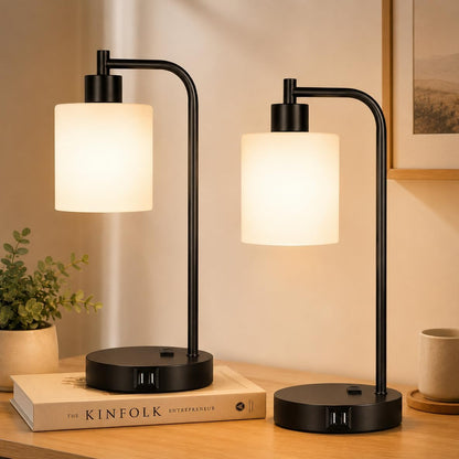 Set of 2 Industrial Touch Control Table Lamps with USB C+A Ports and AC Outlet - 3-Way Dimmable Black Bedside Lamps Nightstand Desk Lamps for Bedroom Living Room, Glass Shade & 2 LED Bulbs Included