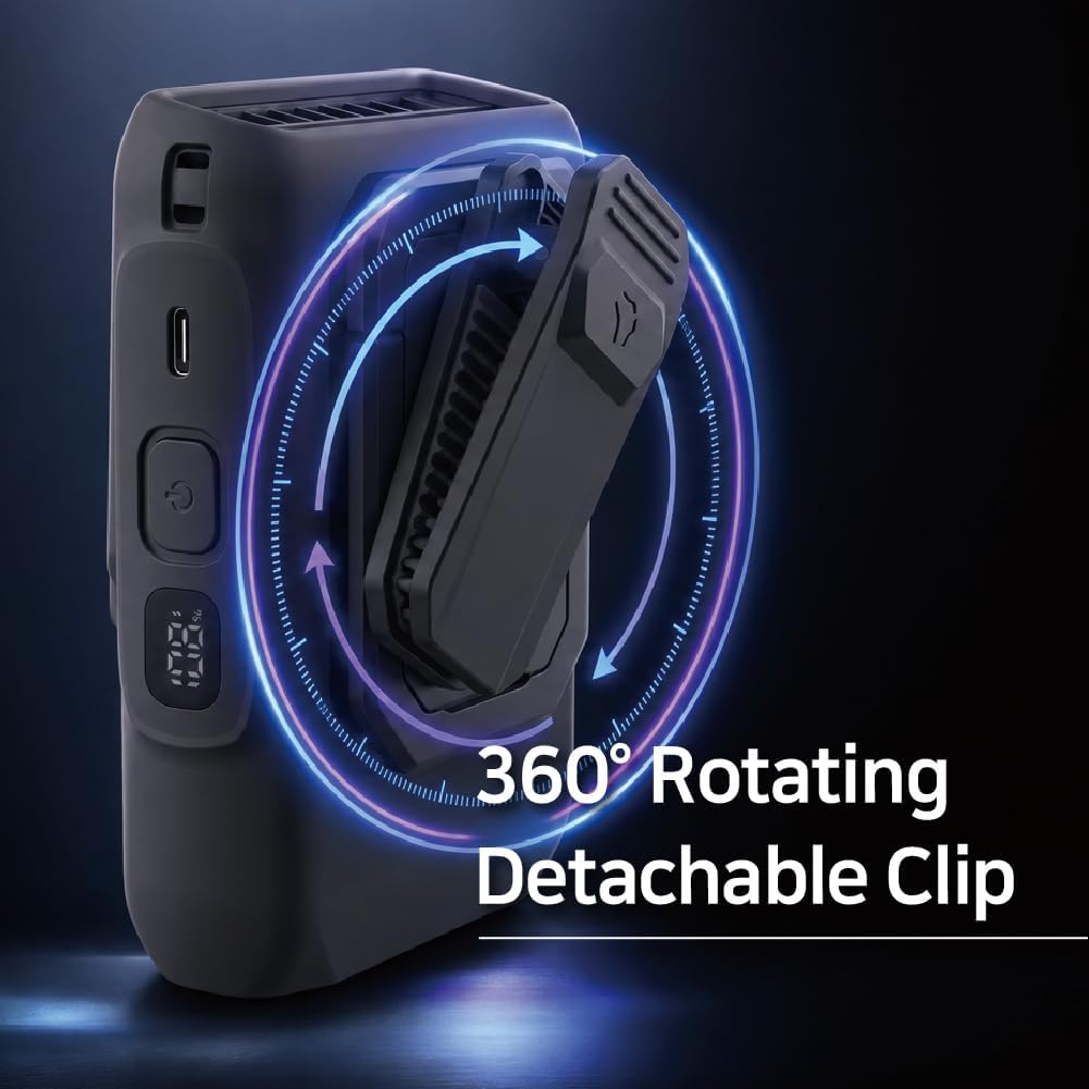Claymore Clip Fan Plus Portable Wearable Shirt & Belt Clip Fan, Quiet BLDC Motor USB-C Rechargeable Personal Cooling Fan, Hands-Free Compact Pocket Fan for Outdoor Work, Golf, Camping, Travel