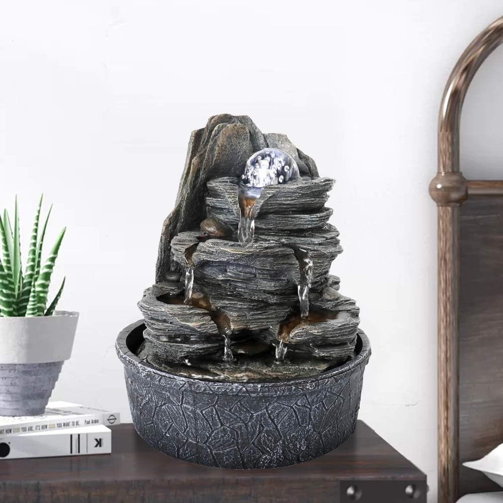 8.3” H Indoor Zen Tabletop Water Fountain, Rock Cascading Waterfall with Spinning Crystal Ball & LED Light for Home Office Decor