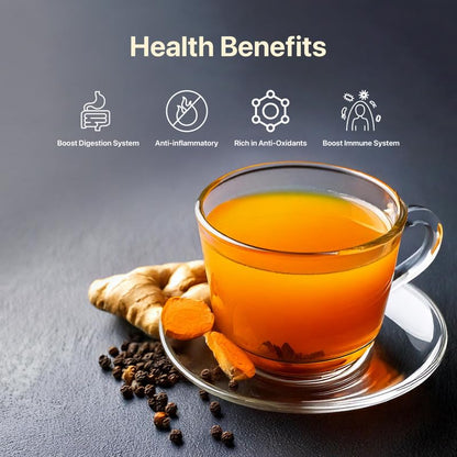 BLUE TEA - Turmeric Tea - Pepper - 30 Count - Pyramid Plant Based Tea Bag | CURCUMIN RICH - HERBAL BLEND | Herbal Tea - Caffeine Free - No Sugar - Earthy Flavor - Healthy | Tin Pack
