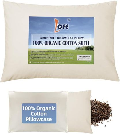 LOFE® Organic Buckwheat Pillow for Sleeping with Organic Cotton Pillowcase | Adjustable Height for Neck Pain Relief, 20x26'' For Side/Back Sleepers, Cooling Pillow, Machine Washable Pillowcase