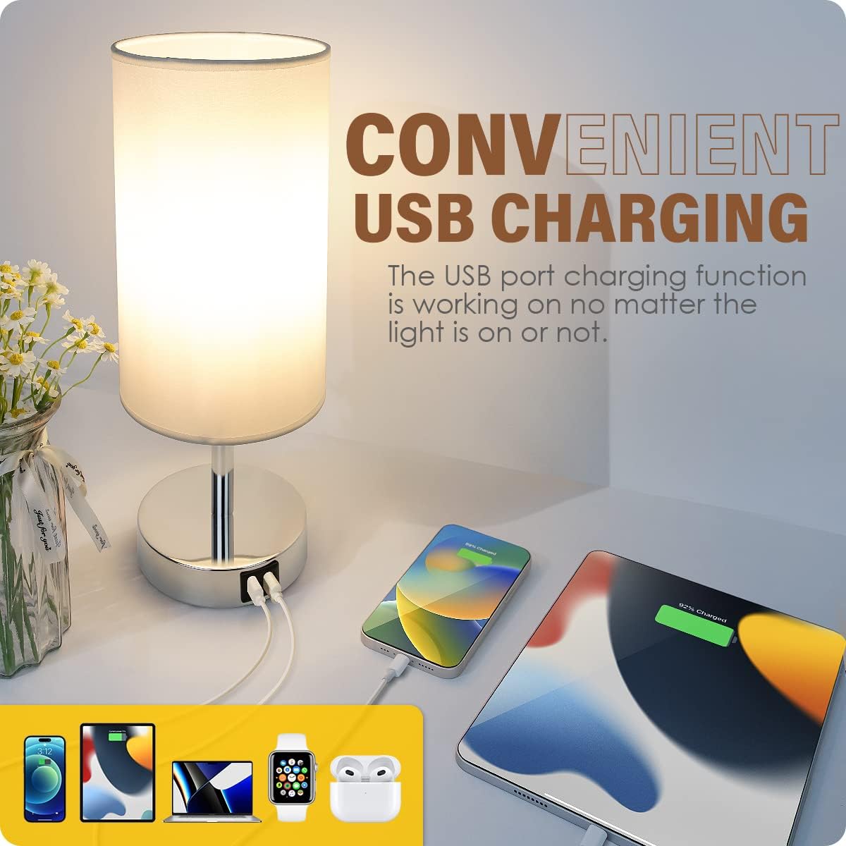 Yarra-Decor Bedside Lamps with USB Port - Touch Control Table Lamp for Bedroom Wood 3 Way Dimmable Nightstand Lamp Set of 2 with Round Flaxen Fabric Shade for Living Room, Dorm, Home Office (2 Pack)