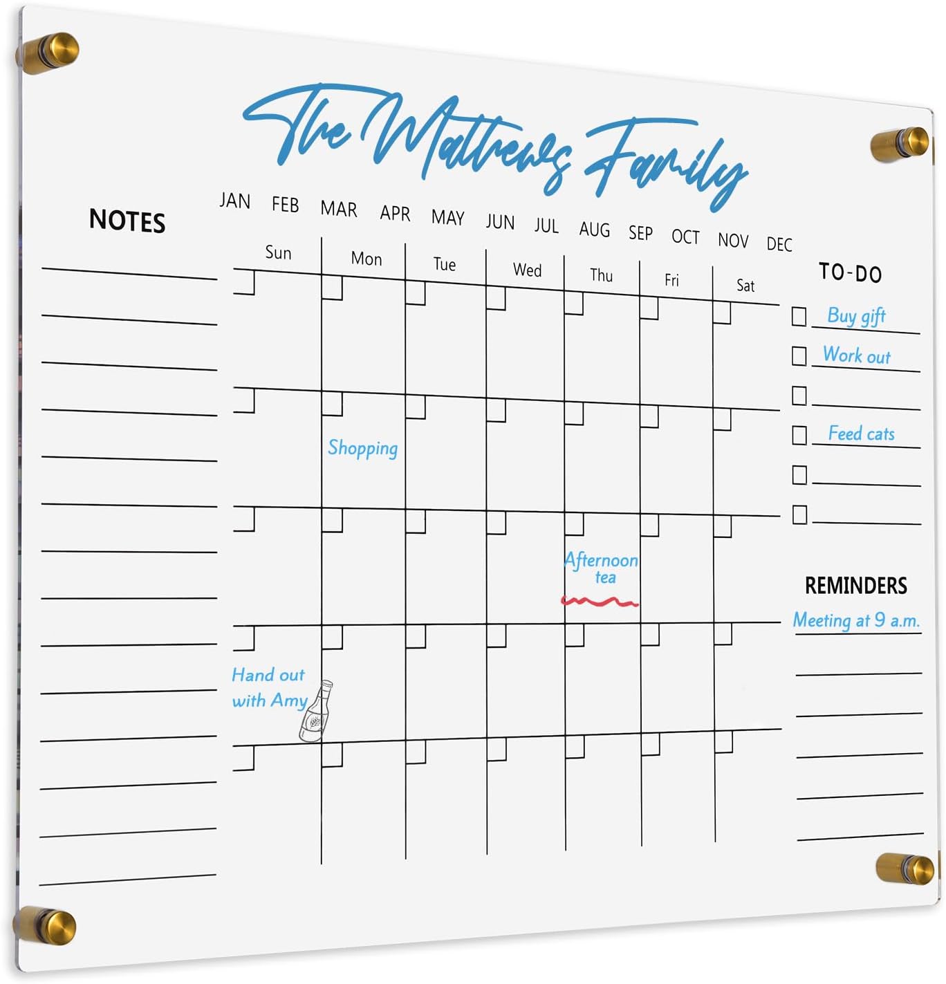 Black Acrylic Calendar Dry Erase for Wall, Family Planner, Monthly Calendar Dry Erase Whiteboard for Home, Office, 17" x 13"Reusable White Board(Acrylic-BK-3343)