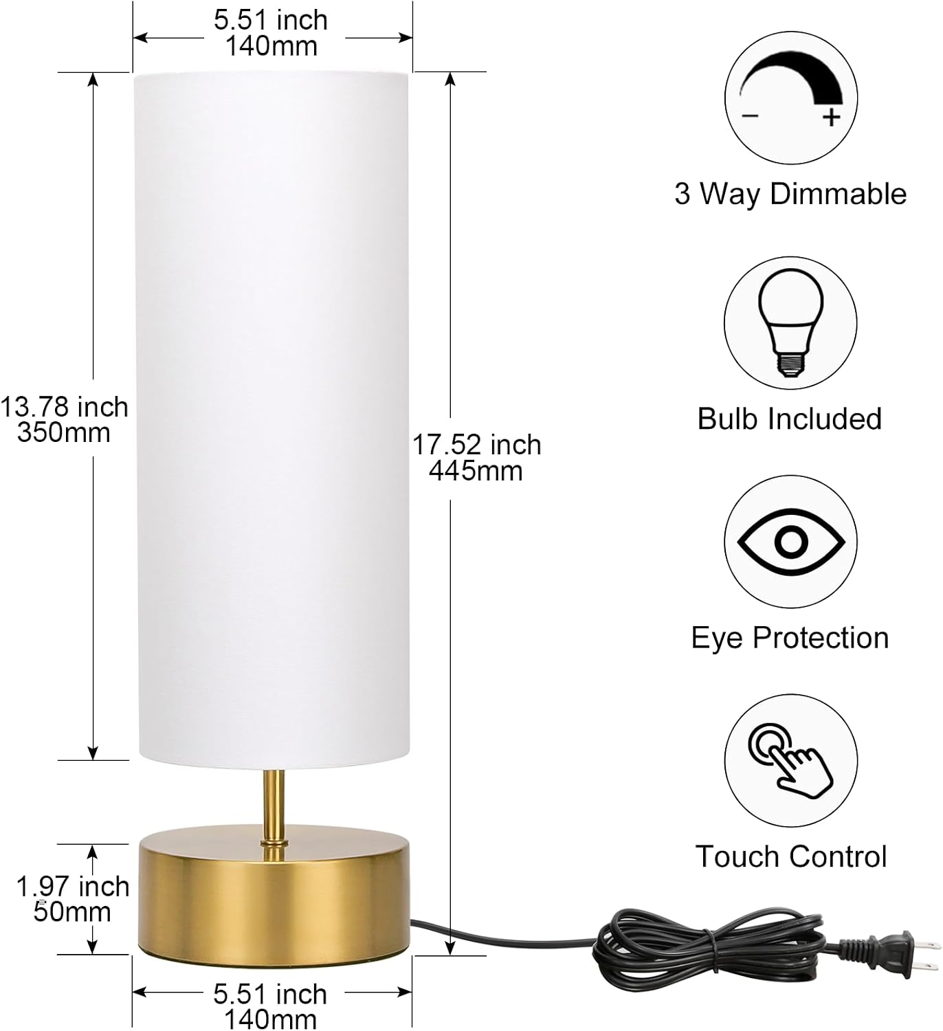 Touch Table Lamp, 3-Way Dimmable Modern Minimalist Accent Bedside Lamp with Cylinder Fabric Shade, Night Light Nightstand Desk Lamp for Bedroom Living Room Kitchen, 9W LED Bulb Included