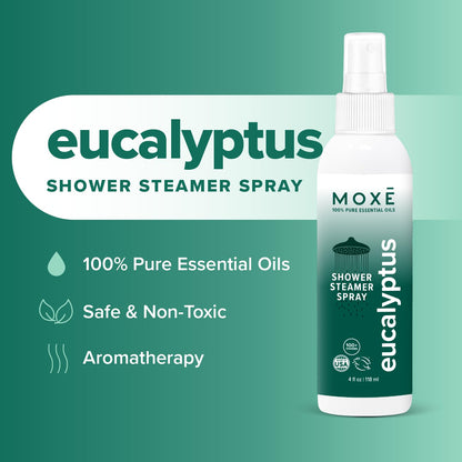 MOXĒ Eucalyptus Oil Shower Mist, Spa Steam Spray, Certified Natural 100% Essential Oils, Made in USA, Aromatherapy, Sinus Congestion Relief, Tension Relief, 4 Ounces