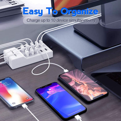 USB Charger Station Block 10-Port USB-A Power Strip Plug for Multi Devices
