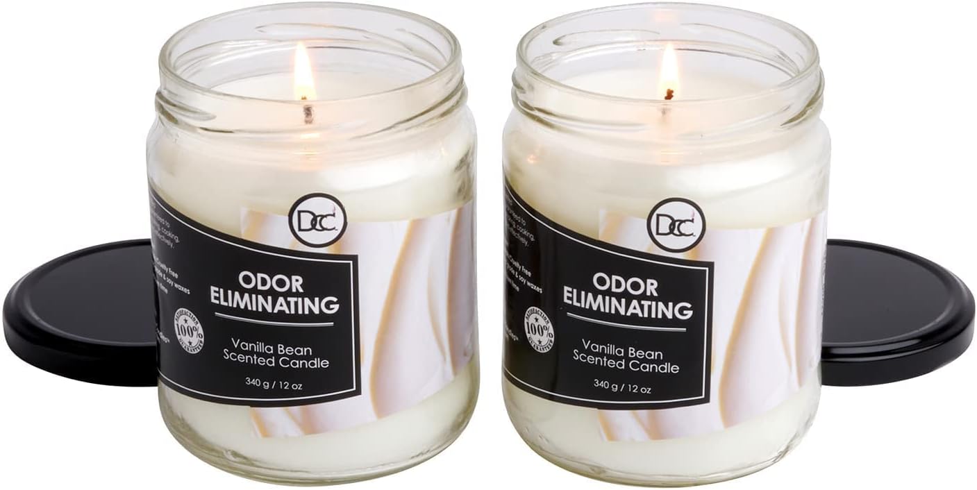 Vanilla Bean Odor Eliminating Highly Fragranced Candle - Eliminates 95% of Pet, Smoke, Food, and Other Smells Quickly - Up to 80 Hour Burn time - 12 Ounce Premium Soy Blend - Colors A
