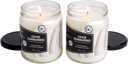 Vanilla Bean Odor Eliminating Highly Fragranced Candle - Eliminates 95% of Pet, Smoke, Food, and Other Smells Quickly - Up to 80 Hour Burn time - 12 Ounce Premium Soy Blend - Colors A