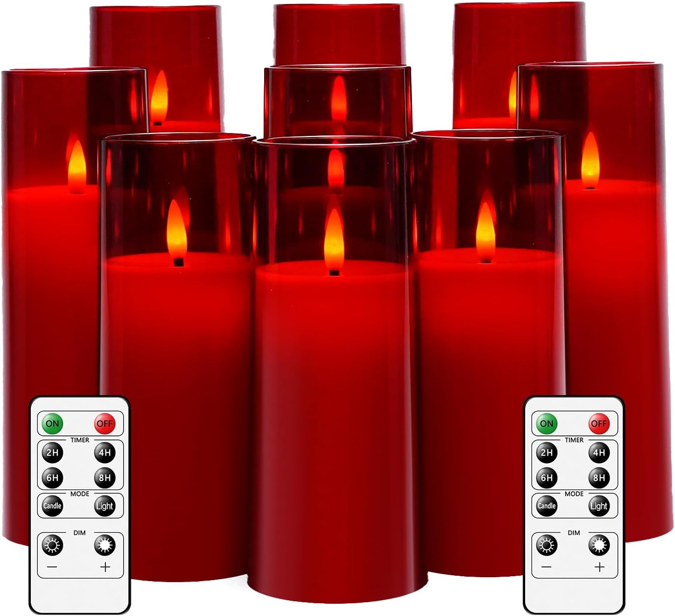 kakoya Flickering Flameless Candles Battery Operated with Remote and 2/4/6/8 H Timer Acrylic Led Pillar Candles Pack of 9 (appr D2.3"xH5.5"6.5"7.5")with Realistic 3D Wick Candles for Home Decor(White)