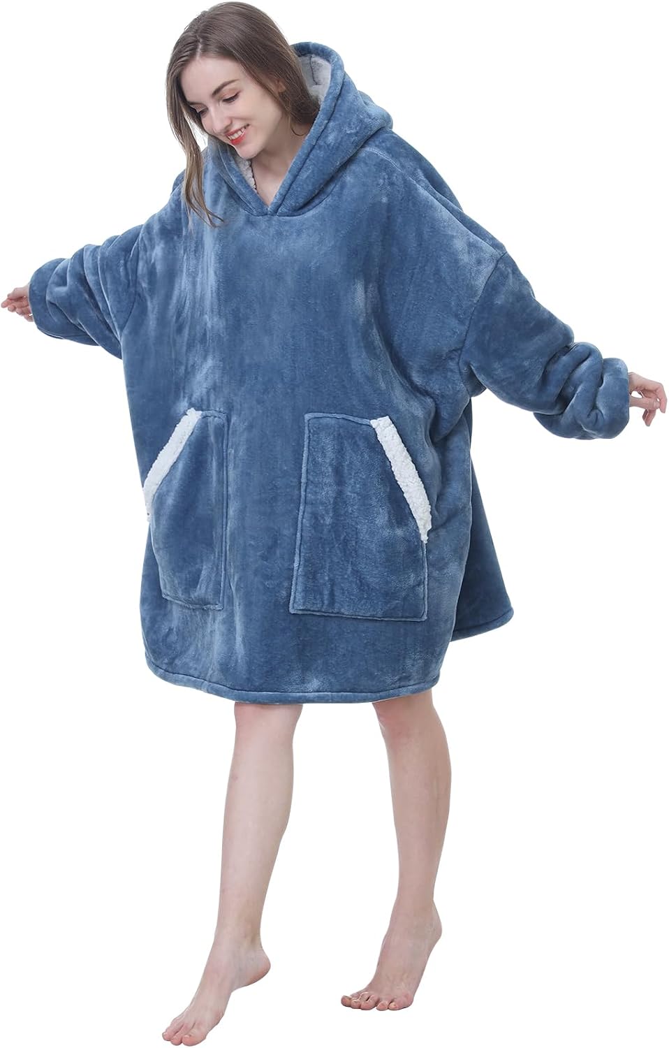 Kipswiza Wearable Blanket Hoodie Gifts for Women and Men, Oversized Cozy Warm Flannel Sherpa Hooded Blankets Sweatshirt with Giant Pockets for Adult and Teens, Dark Gray