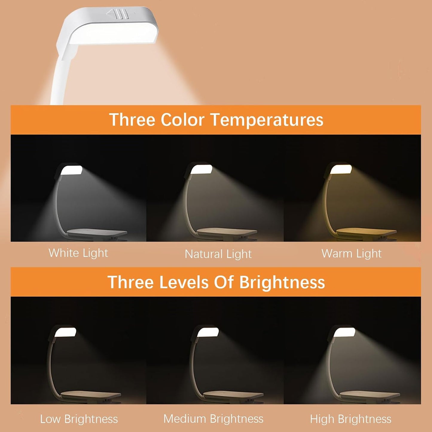 Portable LED Reading Lights, Eye Caring 3 Color Temperatures and Dimming Brightness Book Lights, Lightweight USB Rechargeable Clip-On Lamp for Book Lovers Night Reading (Black)