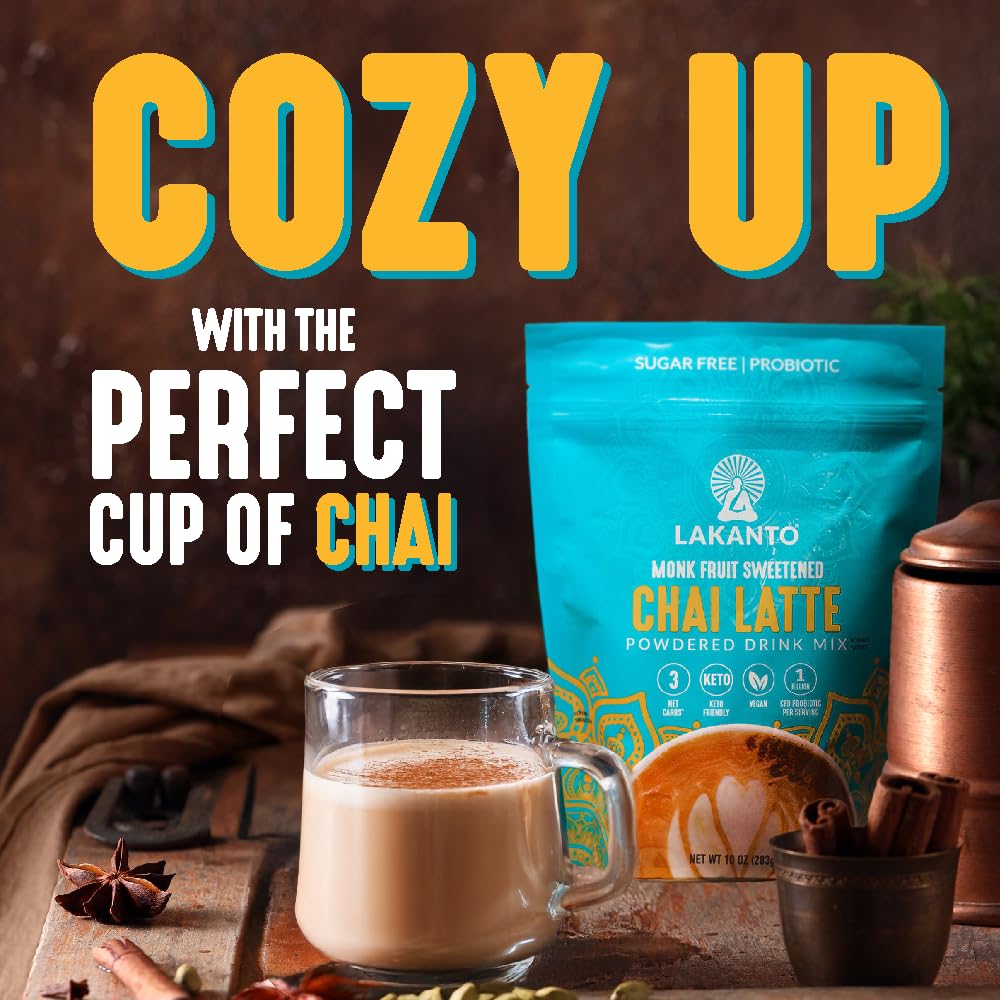 Lakanto Sugar Free Chai Latte Drink Mix - Monk Fruit Sweetened, Iced Chai or Hot Chai Tea, Vegan, Probiotics, Rich Flavor, Chai Spices, Keto Diet Friendly (9.9 Oz)