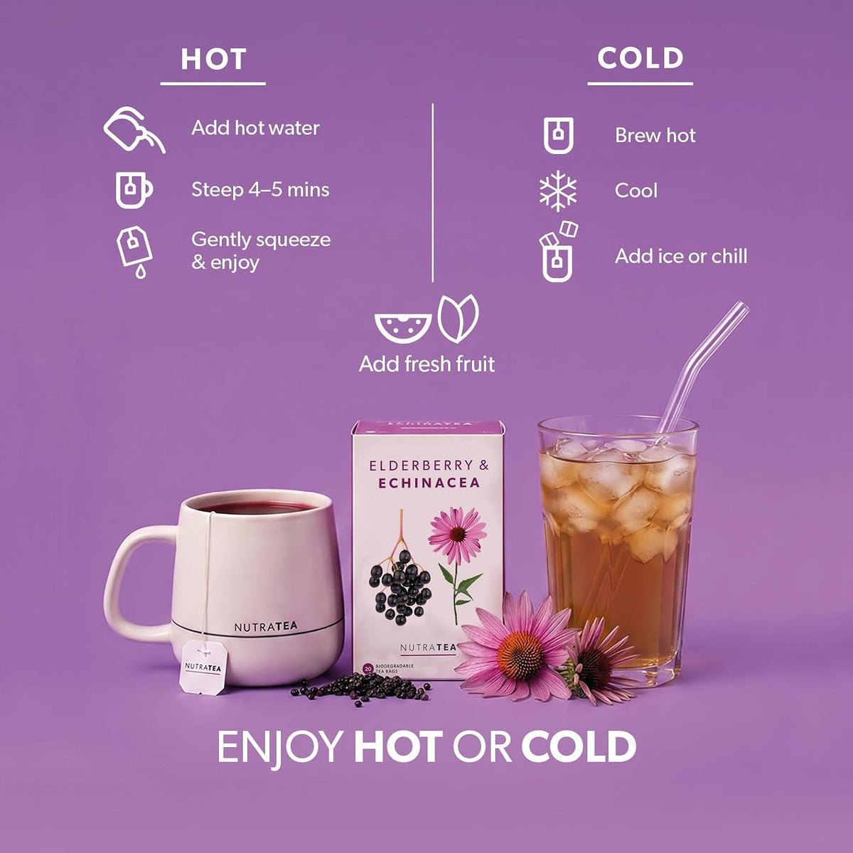 Nutra Tea - Elderberry & Echinacea Tea | Elderberry Tea - Immunity Teas | Immune Teabags - 20 Individually Wrapped Bags - Herbal Teas - (1 Pack)