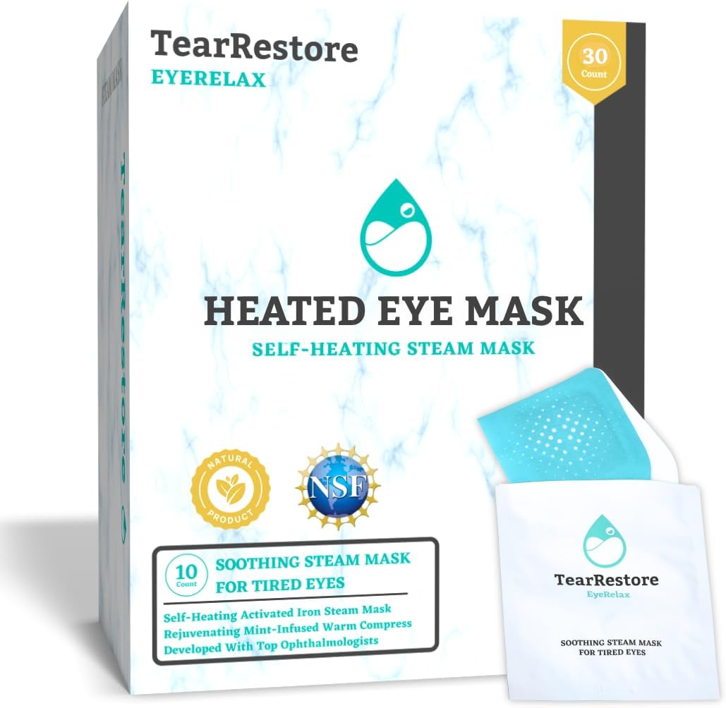TearRestore EyeRelax Heated Eye Mask for Dry Eye & Stye Relief, Self-Heating Warm Compress with Moist Heat, Mint-Infused Steam Mask for Dry Eyes, Blepharitis Relief & Overnight Comfort (30 Count)