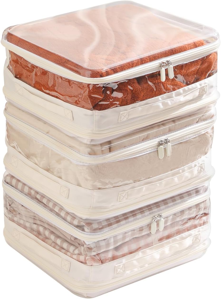 CoiiJoii 3 Pack Sheet Organizers And Storage, Double Side Clear Hard Shell Window. Expandable Blanket Storage Bags, Large Stackable Closet Storage Bins.