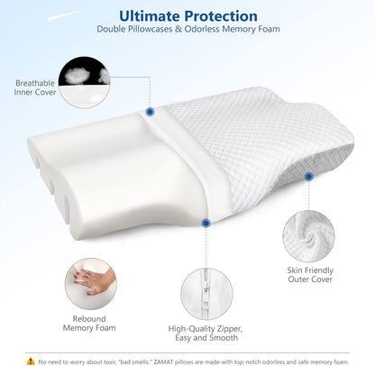 ZAMAT Memory Foam Pillow for Neck Pain Relief, Adjustable Orthopedic Ergonomic Cervical Pillow for Sleeping with Washable Cover, Bed Pillows for Side, Back, Stomach Sleepers