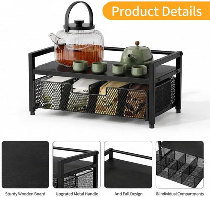 Tea Bag Organizer, Tea Bag Holder with Drawer, Wood and Metal Tea Organizers and Storage Chest for Countertop Kitchen, Office, Rustic Brown