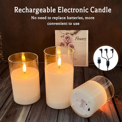 LEDHOLYT Rechargeable Flameless Glass Pillar Candles–Gifts for Women,–Set of 3, Realistic Flickering LED Flame,Remote & Timer, Ideal for Living Room, Bedroom & Halloween Festival Home Party Decor