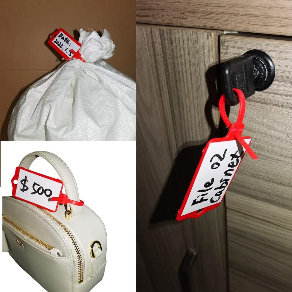 100pcs Reusable Blank Plastic Tags Ties Key Tags 1.45"*2.48" Serrated Tension Sealing Strap with Large Label Plastic Tie Mark Label Waterproof Hang Sign Write on Tag (White, 100pcs)