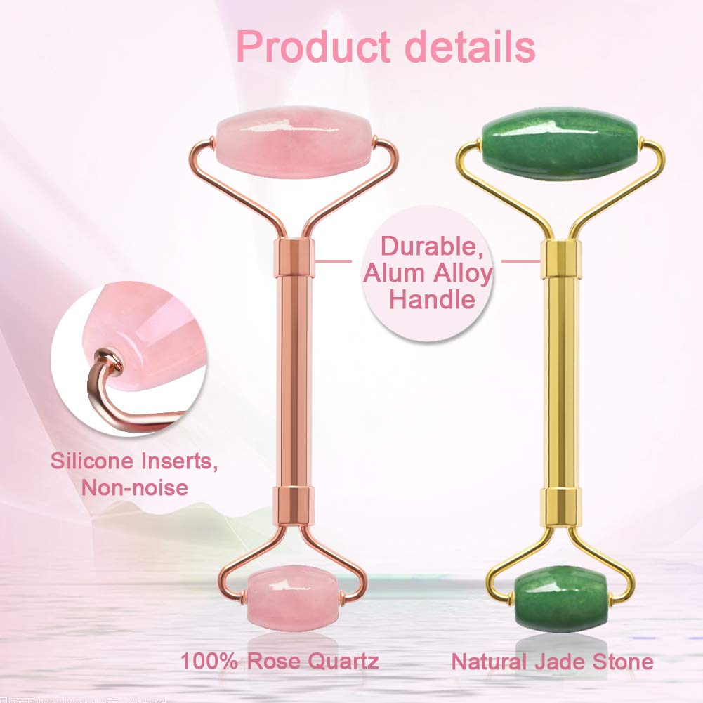 Jade Roller & GuaSha Set-Facial Beauty Roller Skin Care Tools, Rose Quartz Massager for Face, Eyes, Neck, Body to Relieve Wrinkles,Fine Line and Eyepuffiness
