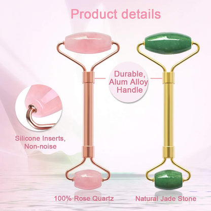 Jade Roller & GuaSha Set-Facial Beauty Roller Skin Care Tools, Rose Quartz Massager for Face, Eyes, Neck, Body to Relieve Wrinkles,Fine Line and Eyepuffiness