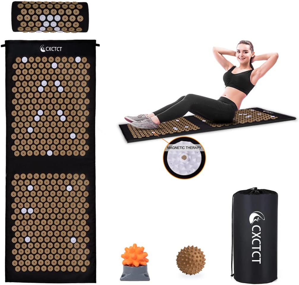 Extra Long Yoga Acupressure Mat Set,Massage Acupuncture Mat Large,Magnetic Mat Acupressure Body mat and Pillow for Neck Back Pain Relief(Grey)