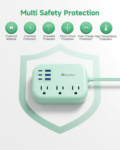 6 USB(3 USB C) Power Strip- Travel Power Strip with 6 USB Desktop Charging Station 24W/4.8A and 3 Outlets, 5Ft Flat Plug Braided Extension Cord, Non Surge Protector for Cruise Ship Travel Office Dorm