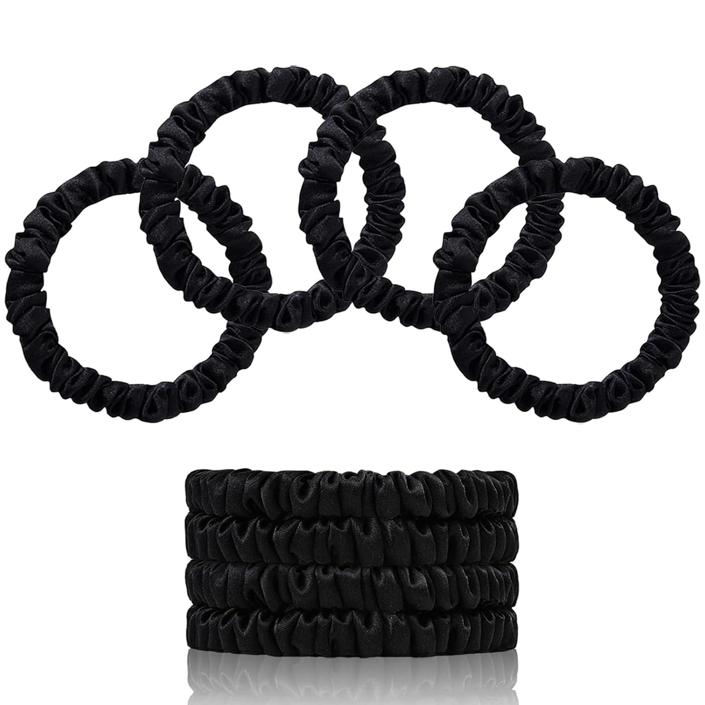 22 Momme 100% Pure Mulberry Silk Scrunchies (4 PCS) - Small Hair Elastics and Ties for Women, Sleep Hair Care, No Damage, Black
