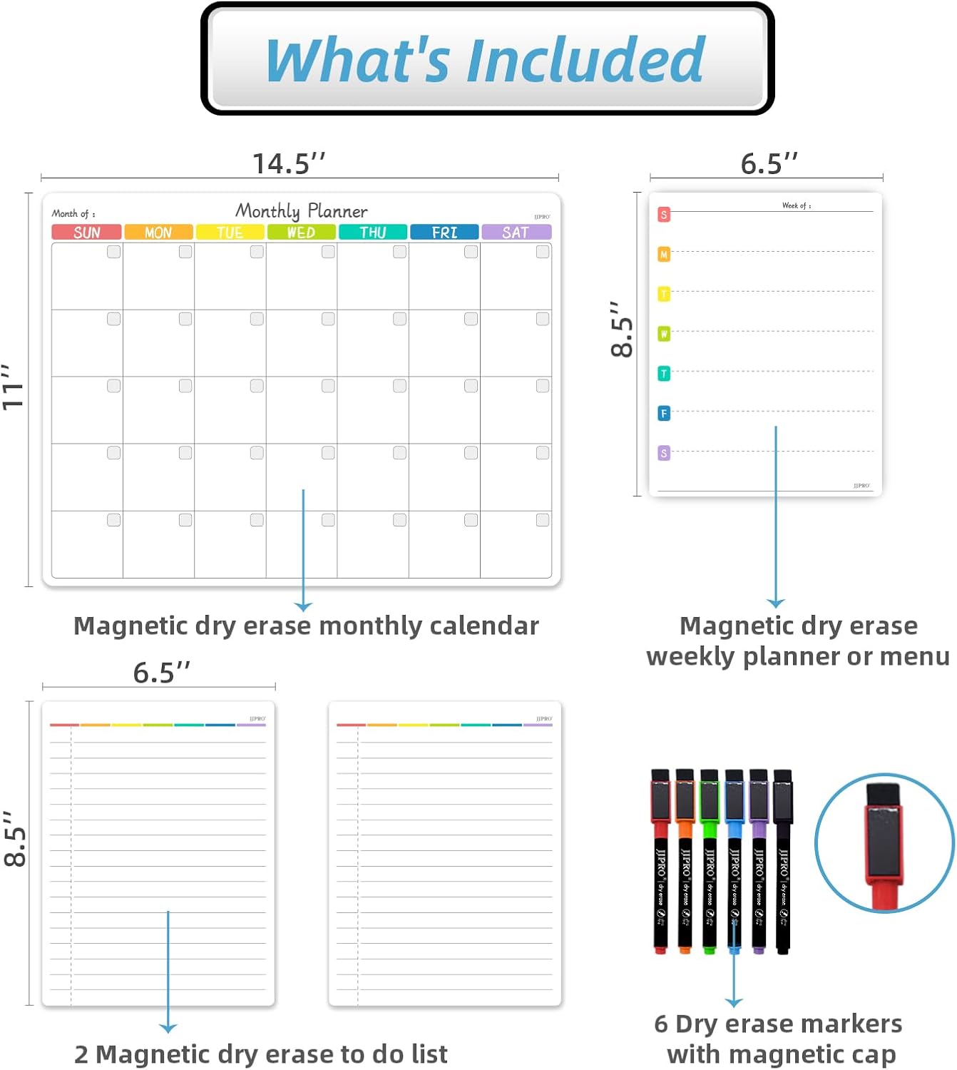 JJPRO Magnetic Monthly Calendar Whiteboard Set for Fridge-Monthly Planning Board and Two Bonus Dry Erase Grocery Board&Weekly Menu Board-Meal Planner Whiteboard/to-Do List-6 Markers