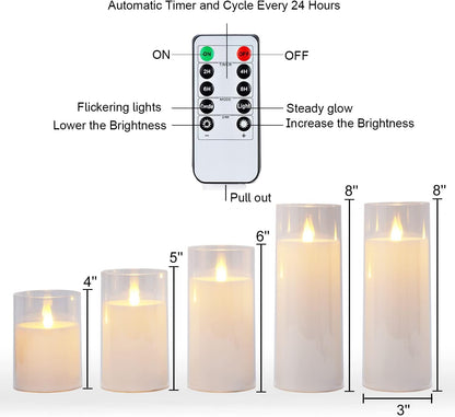 Homemory Gray Flickering Flameless Candles, Battery Operated Acrylic LED Pillar Candles with Remote Control and Timer, Halloween Decor, Set of 5