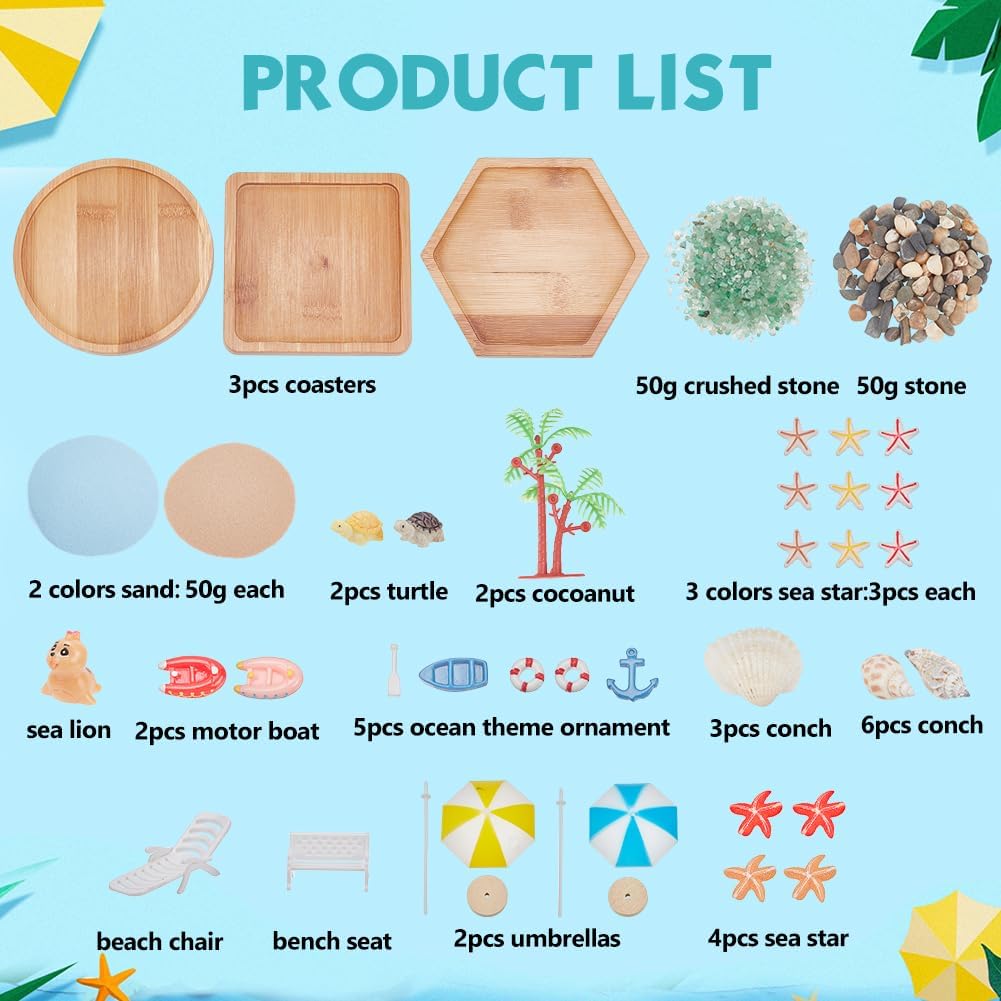 WEBEEDY 3 Sets Miniature Beach Zen Garden Kit Sand Craft Kit Ocean Beach Sandbox Decorations Meditation Mini Zen Garden Accessories for Home Office Desktop Decor Gift, 4/4.2/4.4 inch Tray