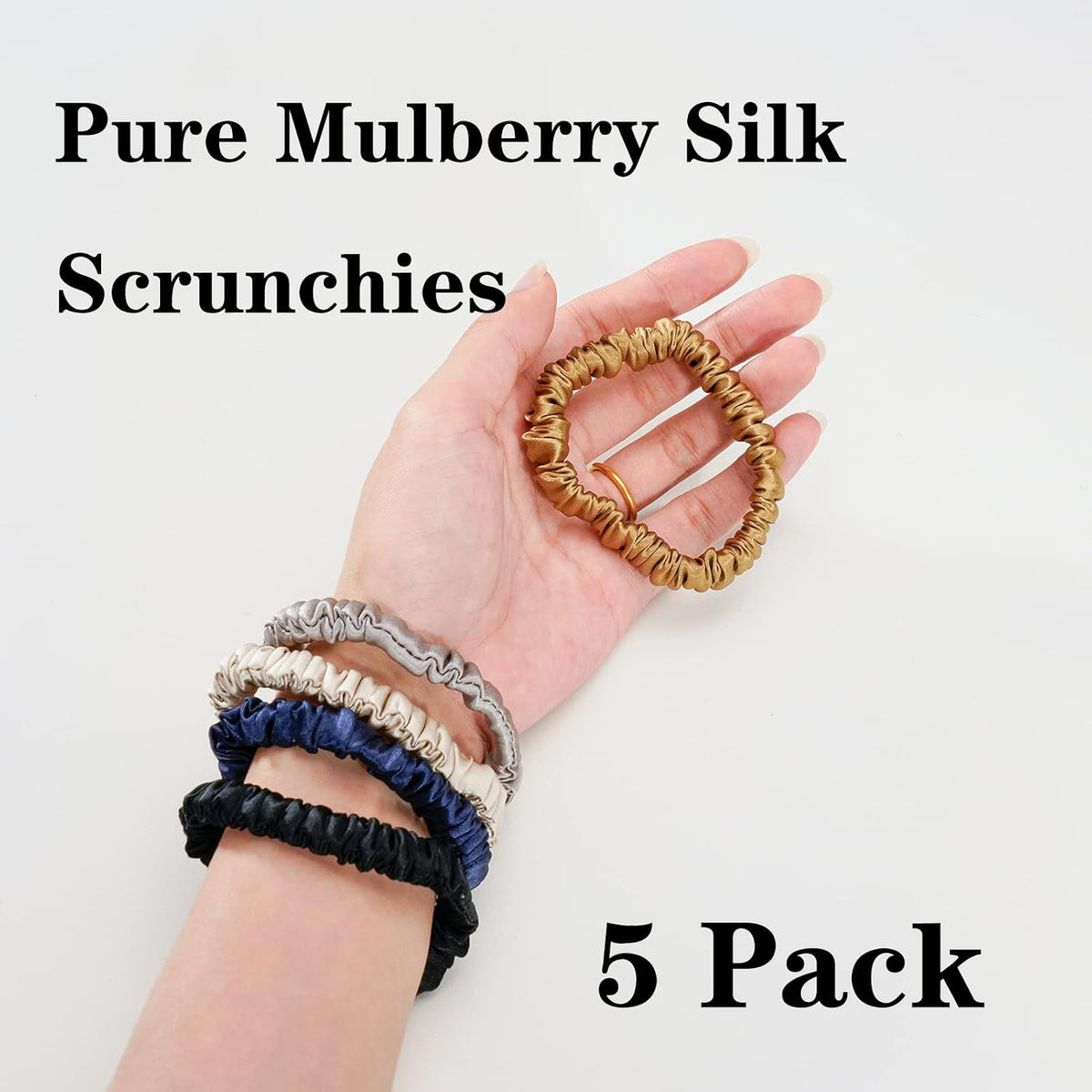Silk Scrunchies for Hair 100% Mulberry Silk Hair Ties 3 Pack(Black, Navy Blue, Emerald)