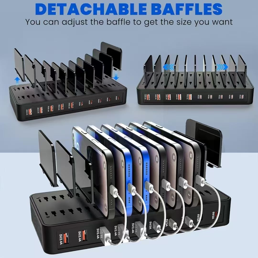 Charging Station 100W 10-Port USB C Fast Charging Dock for Multiple, Black