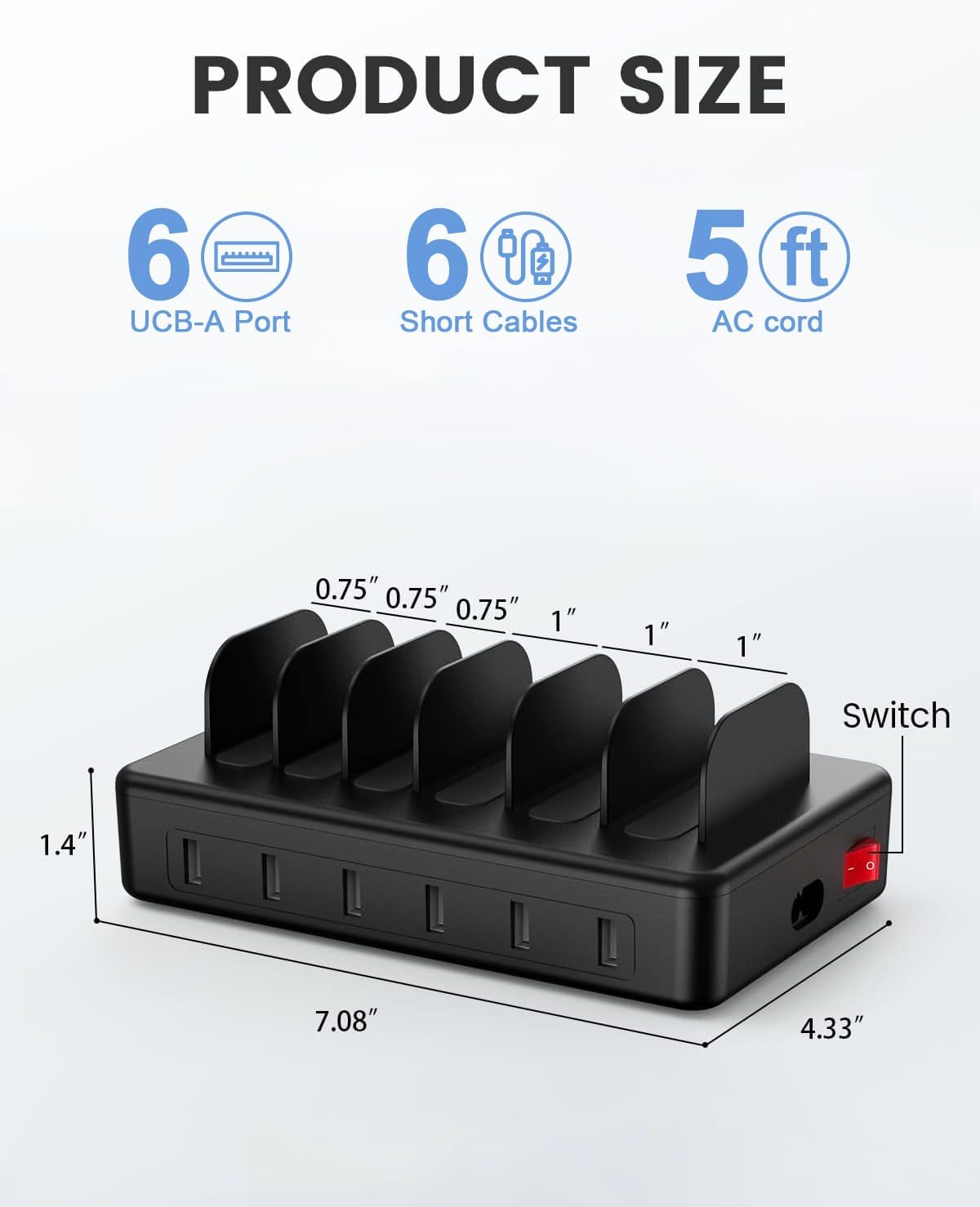 50W 6 Ports Multi Charger Station, USB Charging Dock for Multiple Devices