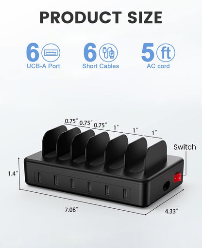 50W 6 Ports Multi Charger Station, USB Charging Dock for Multiple Devices