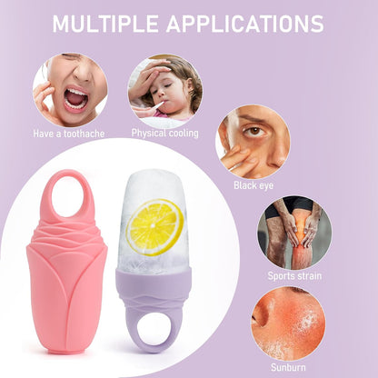 3 Pack Ice Roller for Face, Facial Ice Roller Silicone Mold Reusable for Face Women and Eye Neck Cold Skin Care Tools Freezer De Puff Eye Bags Reduce Migraine Pain Pink 1 + Purple 2