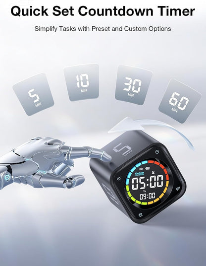 TK3 Pomodoro Timer Cube, Desk Productivity Timer with 5/10/30/60 Min Presets, Custom Countdown, Stopwatch, Clock, 3 Alarm, Silent, Vibrate & Sound Alert, for Task, ADHD, Study, Kitchen, Black