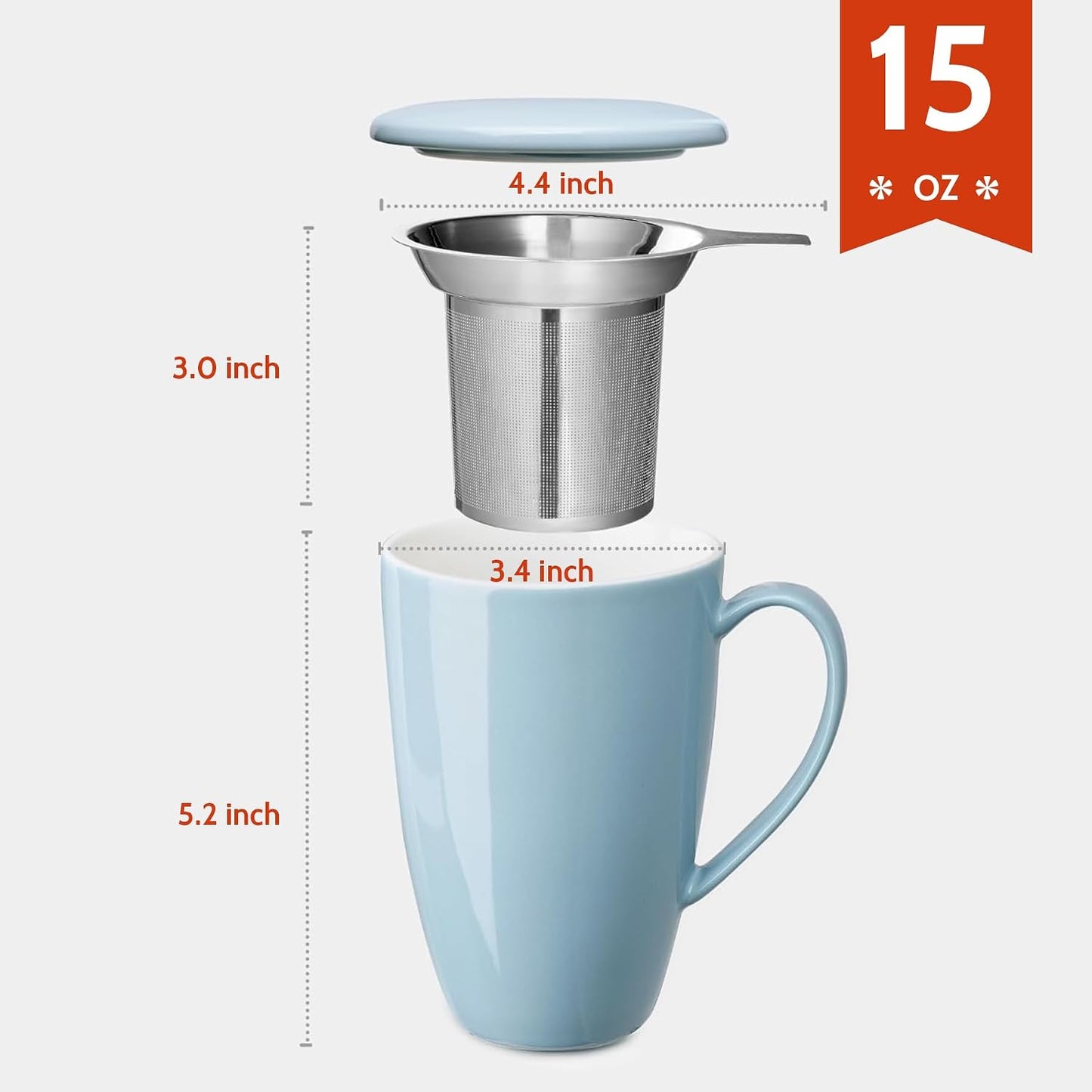 Sweese 15oz Porcelain Tea Mug with Infuser and Lid – Microwave Safe, Ergonomic Handle, Lead-Free Glaze, for Loose Leaf Tea