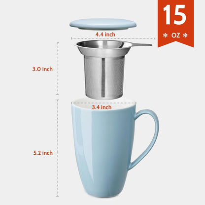 Sweese 15oz Porcelain Tea Mug with Infuser and Lid – Microwave Safe, Ergonomic Handle, Lead-Free Glaze, for Loose Leaf Tea