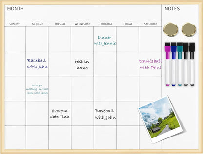 Magnetic Monthly Calendar Whiteboard, 17'' x 13'' Dry Erase Calendar for Wall Office School Home, Gold Wooden Frame