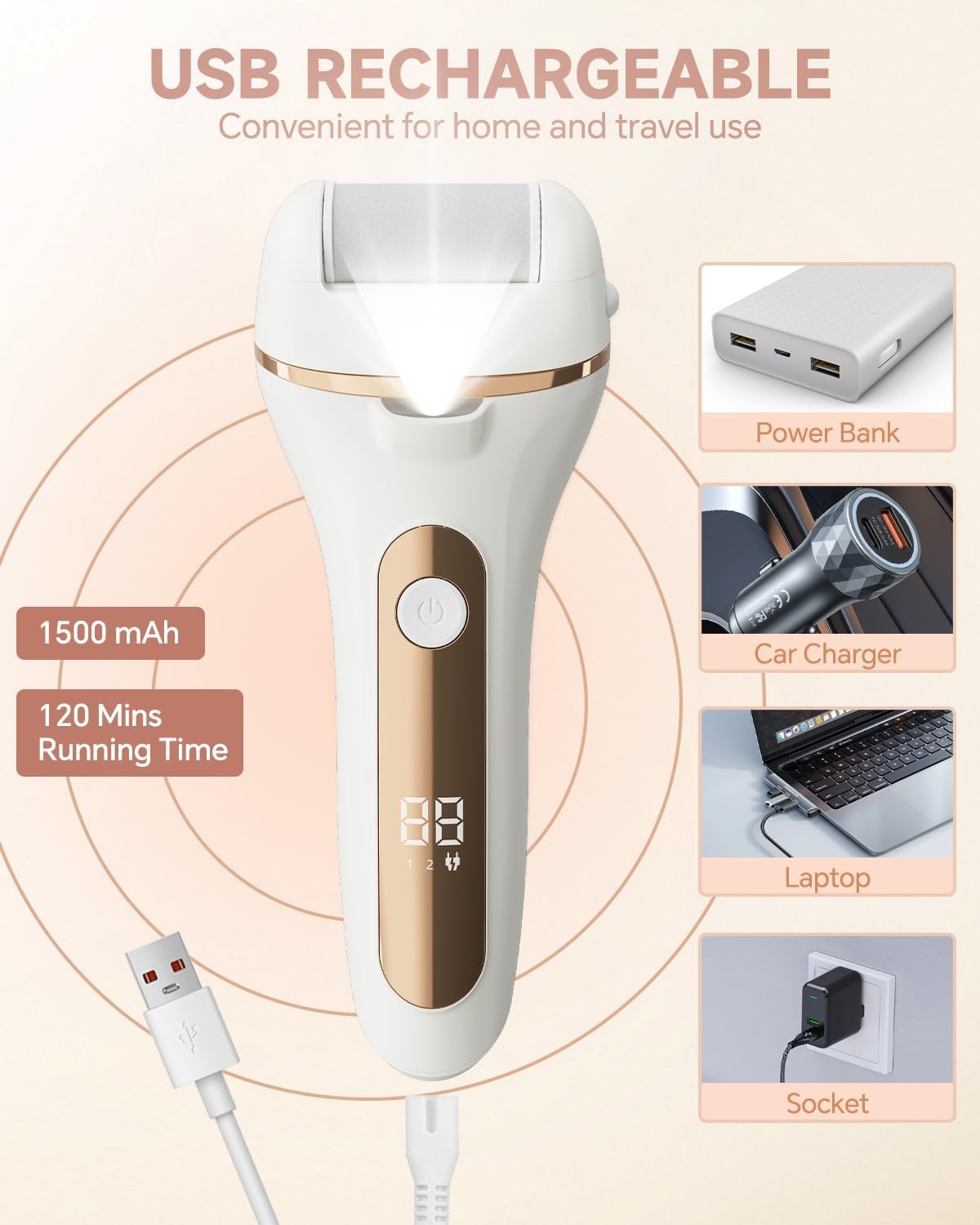 Electric Foot Callus Remover Rechargeable Pedicure Kit with 3 Roller Heads 2 Speed IPX6 Waterproof Foot File Pedicure Tools Professional Foot Care for Dead Cracked Dry Skin White