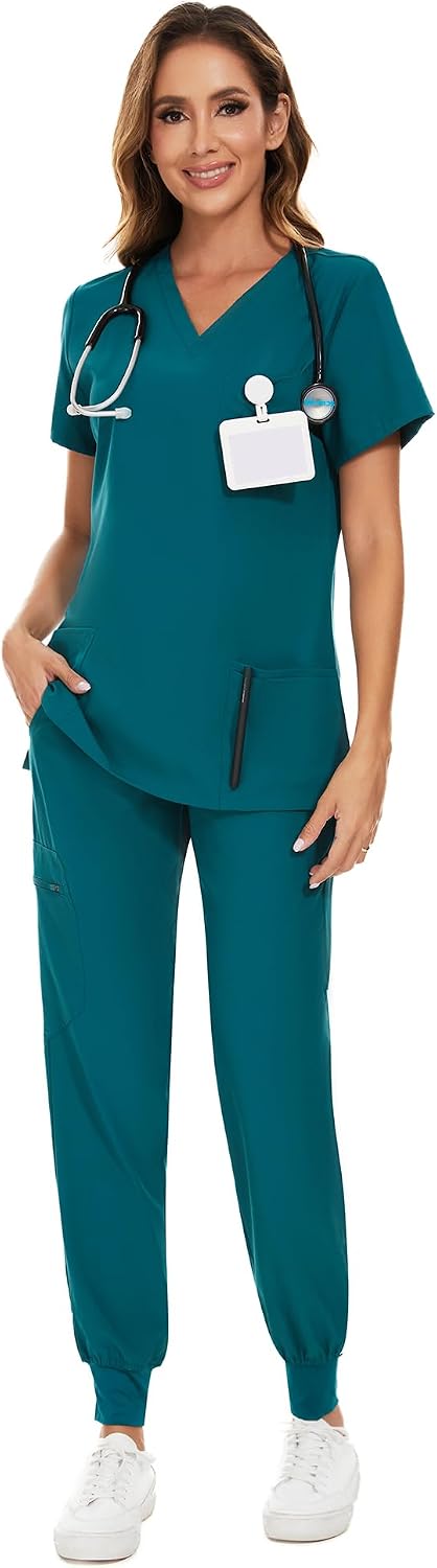 COZYFIT Scrubs for Women Set - Stretch V-Neck Scrub Top & Jogger Pant with 8 Pockets COZY SCRUBS - Colors E
