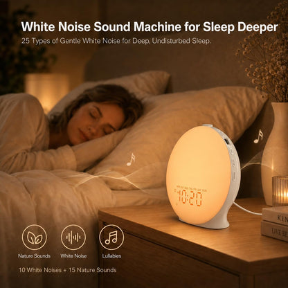 JALL Sleep Sound Machine Sunrise Alarm Clock with 25 White Noise Nature Sounds, Wake Up Light for Bedrooms, Bluetooth Speaker, 8-Hour Sleep Timer, 17 Color Dimmable Lights