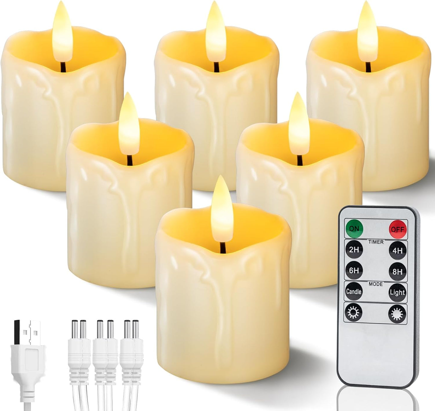 Homemory Flameless Votive Candles with Timer, 2" x 2" Real Wax, 400+Hour Realistic Black Wick Battery Operated Candles, Set of 6 for Wedding, Party and Holiday Decoration (Battery Included)